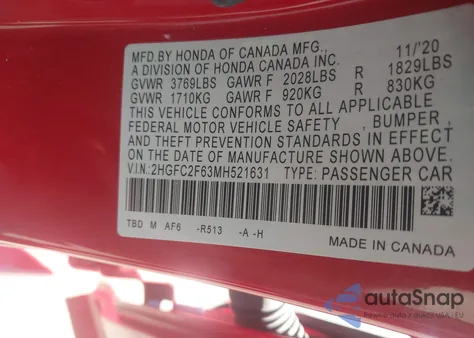 2021 Honda Civic Lx from USA, damaged, VIN 2HGFC2F63MH521631